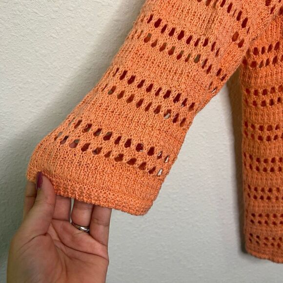 Chico’s Coral Open Knit Linen Crochet V Neck Beachy Top‎ Size 2 (L) - Picture 4 of 13